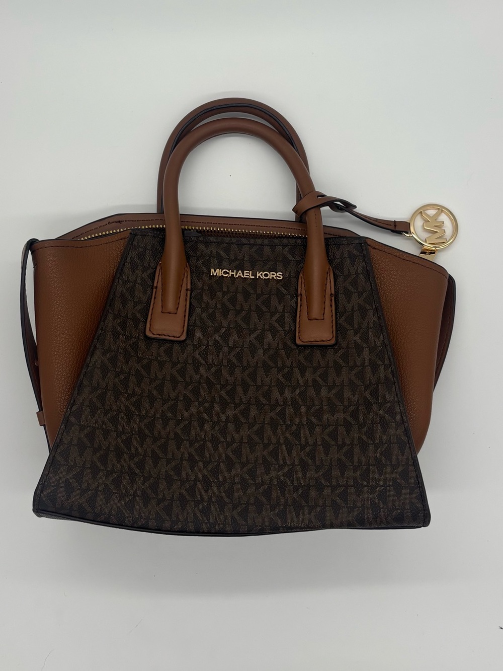 Michael Kors Brown Logo-Print Satchel with Tan Trim
